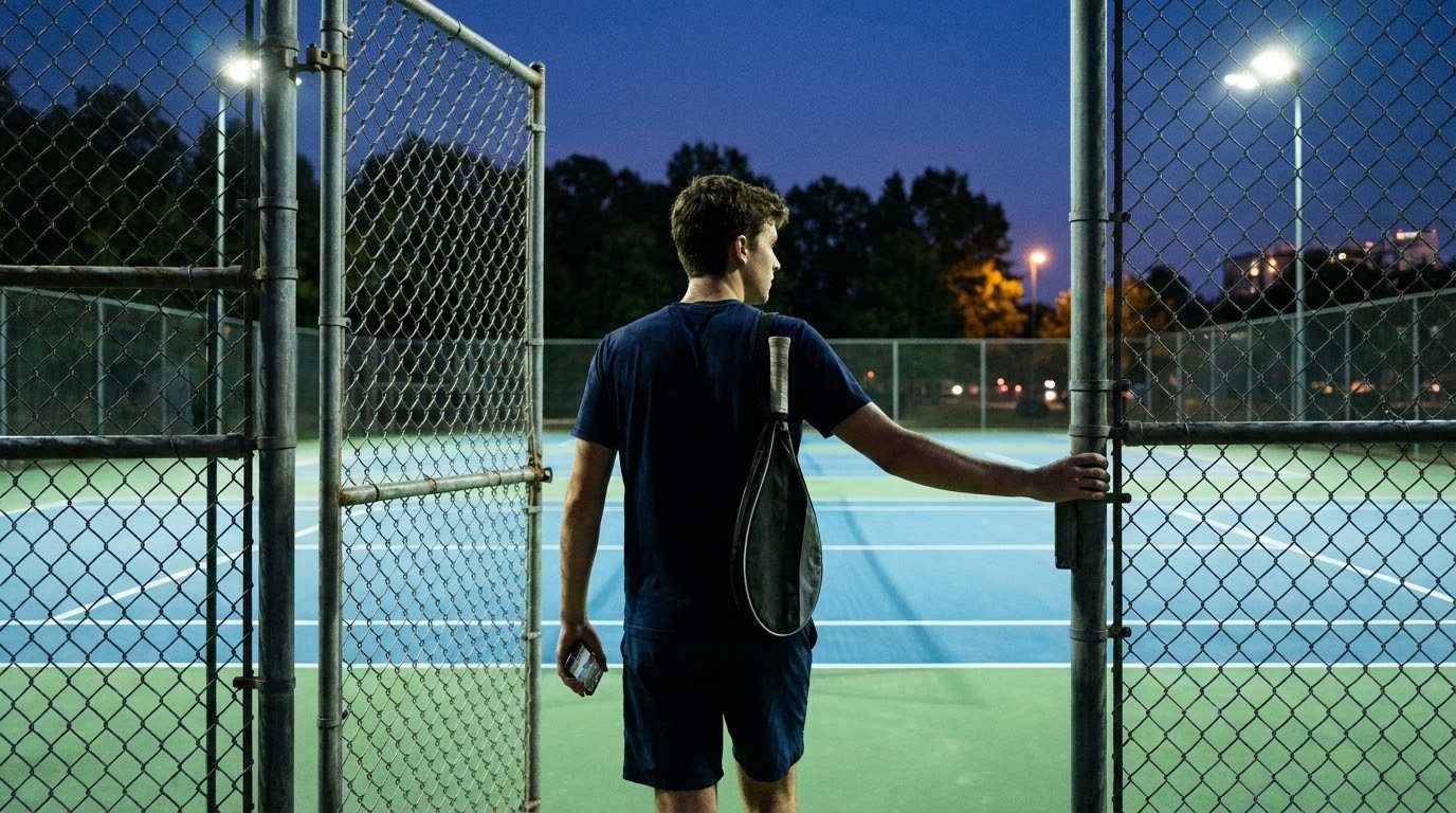 A player walking through the gate onto the empty floodlit court he booked