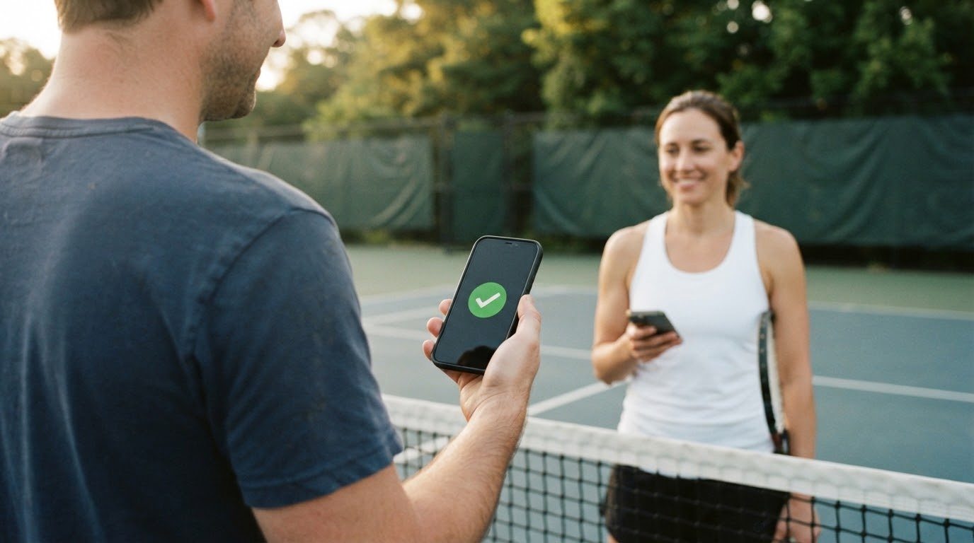 At the net, a phone shows a green tick as the opponent confirms the score