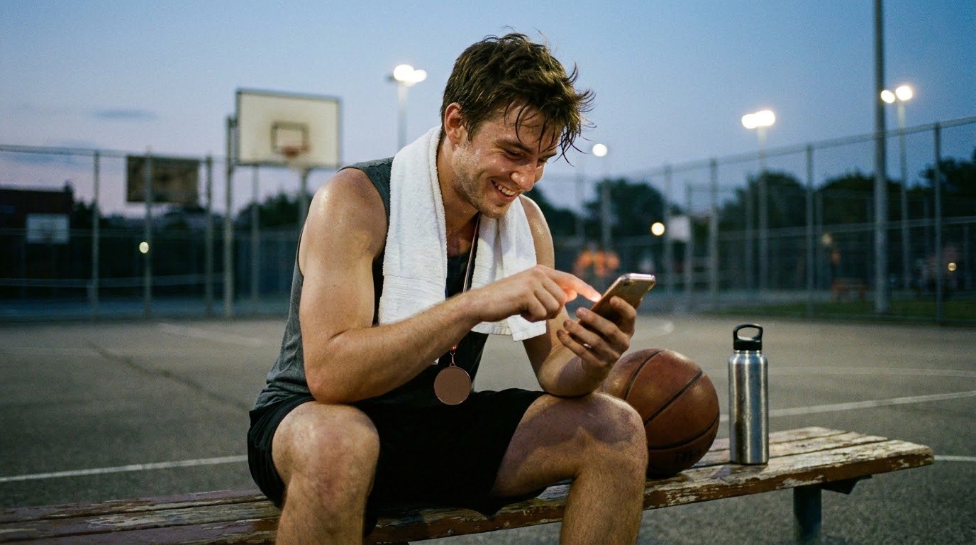A basketball player on a courtside bench, medal round his neck, saving the score