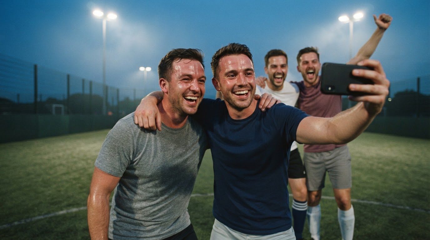 Teammates taking a selfie on the pitch after the game